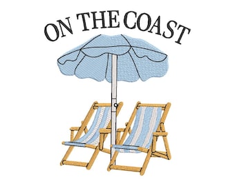 Diseño de bordado de sillas de playa y costa, diseño de bordado de verano, diseño de bordado de playa, diseño de bordado de arte lineal para verano, 4 archivos