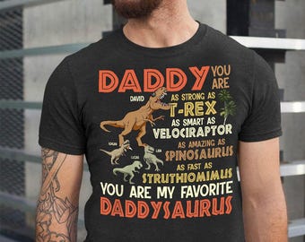 Camiseta personalizada de Daddysaurus con nombres personalizados, regalo del Día del Padre para papá, camiseta de dinosaurio para papá, camiseta de T-Rex de los niños, el mejor regalo para papá