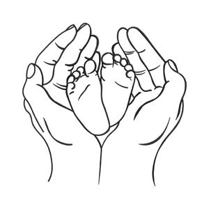 May include: Black and white line drawing of hands holding a baby's feet. The hands are gently cupped, cradling the small feet. The image highlights the delicate details of the toes and the protective embrace.