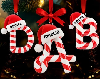 Adorno navideño personalizado de acrílico con el alfabeto de bastón de caramelo, inicial de bastón de caramelo, regalo de Navidad para niños, letra de bastón de caramelo, regalo navideño para niños