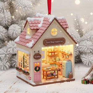 Könnte beinhalten: Miniatur-Weihnachtsschmuck in Form eines Hauses mit rosa Dach und Schneebesatz. Im Inneren befindet sich eine detaillierte Küchenszene mit dem Text "Sweet things happen here". Ein rotes Band ist zum Aufhängen befestigt.