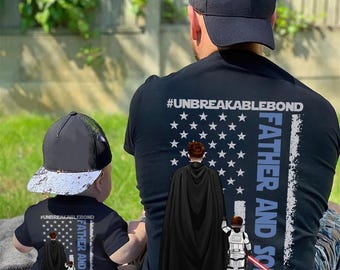 Camiseta personalizada de ciencia ficción para padre e hijo, camiseta espacial con nombres personalizados "Vínculo Inquebrantable", regalo del Día del Padre para papá, regalo para el mejor papá galáctico