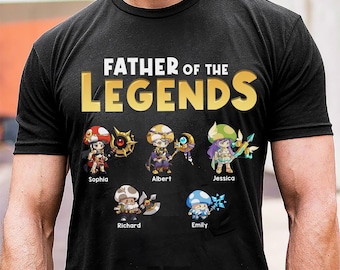 Camiseta personalizada Padre de las Leyendas, Camiseta personalizada para papá gamer con nombres de niños, Regalo del Día del Padre de Personaje de RPG de parte de los niños, Papá gamer
