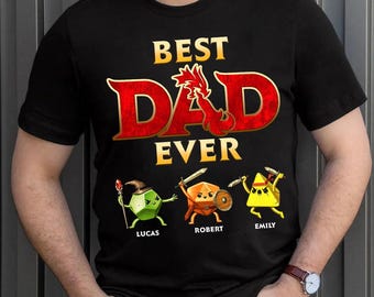 Camiseta personalizada "El mejor papá del mundo" para D&D, camiseta personalizada para papá jugador de juegos de rol con dados y nombres de niños, regalo para el Día del Padre para juegos de mesa.
