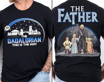 Camiseta Dadalorian personalizada con nombres de niños, camiseta de ciencia ficción de doble cara para papá, el mejor regalo del Día del Padre para papá, este es el camino papá
