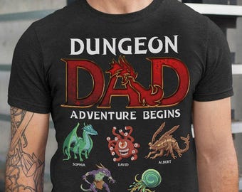 Camiseta personalizada para papá aficionado a las mazmorras, camiseta personalizada para jugadores de juegos de rol de mesa D&D con nombres de niños, regalo fantástico para el Día del Padre de parte de los niños, papá geek