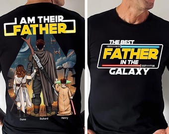 Camiseta personalizada "El mejor padre de la galaxia" a doble cara, camiseta personalizada "Soy su padre" con los nombres de los niños, regalo del Día del Padre para papás amantes de la ciencia ficción.