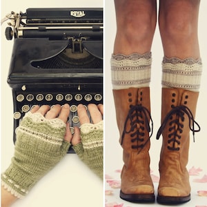 May include: A vintage typewriter with green and white fingerless gloves on the keys. The typewriter has a black body and a silver carriage return lever. The text "ROYAL" is visible on the top of the typewriter.