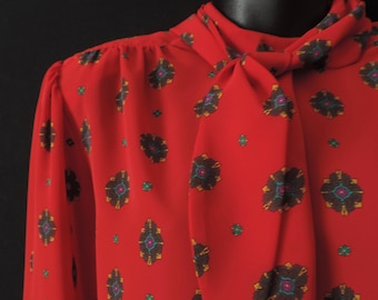 vintage darker red button down blouse with neck bow