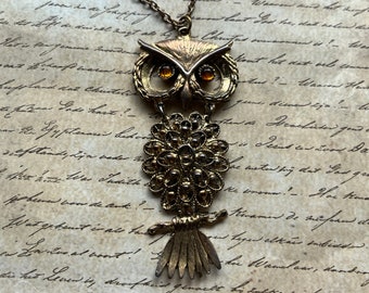 vintage boho owl necklace 1970s orange eye segmented pendant and chain