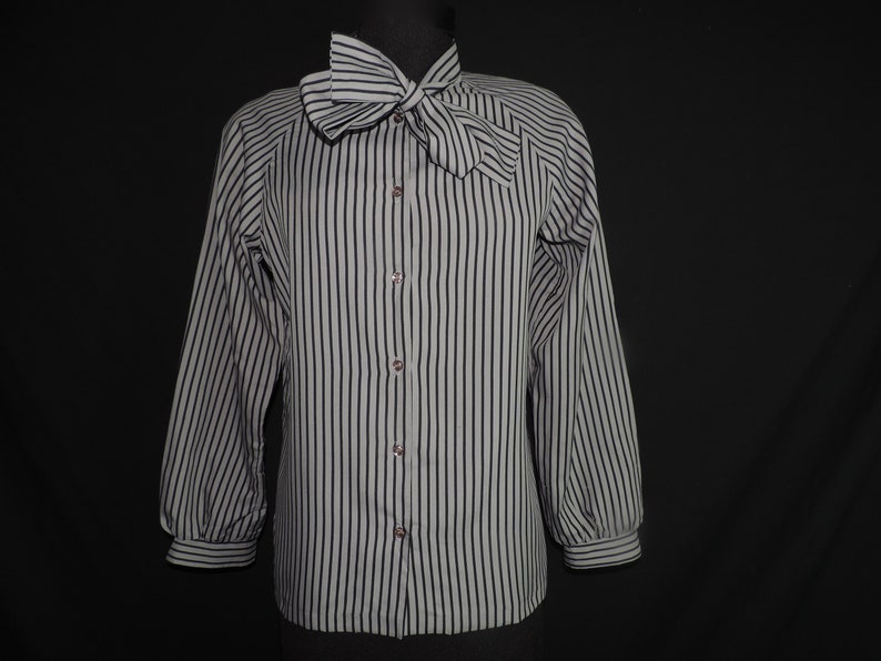 vintage gray striped bow blouse 1970s ascot tie secretary button down medium large