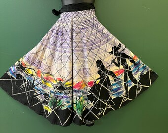 vintage Mexican skirt 1950s hand painted circle skirt fishing village scene small