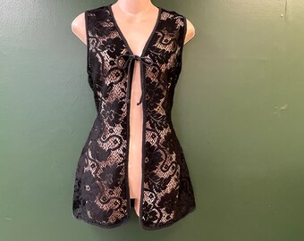 boho black lace vest vintage sheer center tie blouse medium