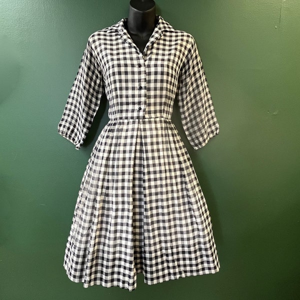 1950s gingham day dress black checkered fit and flare frock small