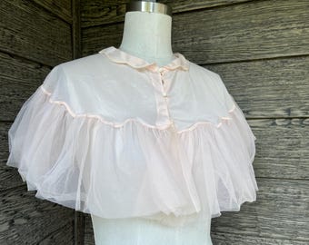 1950s Vanity Fair pink bed jacket nylon short ruffled peignoir caplet / cape