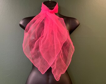 pink nylon sheer scarf 60s nylon square sock hop pussy bow VLV neck tie ascot head scarf