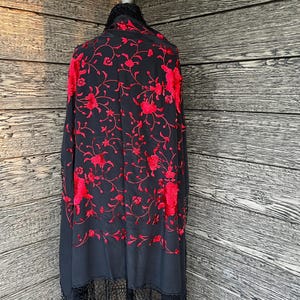 silk embroidered piano shawl 1920s black and red floral fringe flamenco cape
