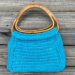 turquoise woven purse 1970s big handle boho tote bag