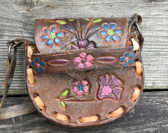 vintage tooled leather mini purse boho flower painted pouch