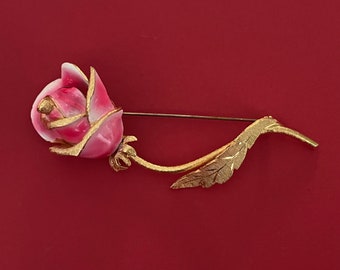 pink rose enamel pin vintage 1950s long stem flower brooch