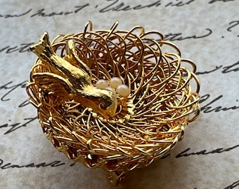 vintage bird nest brooch gold wire nest with pearl eggs pin