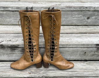 lace up boots vintage clay leather boots hippie boho go go mod 7 / 7.5