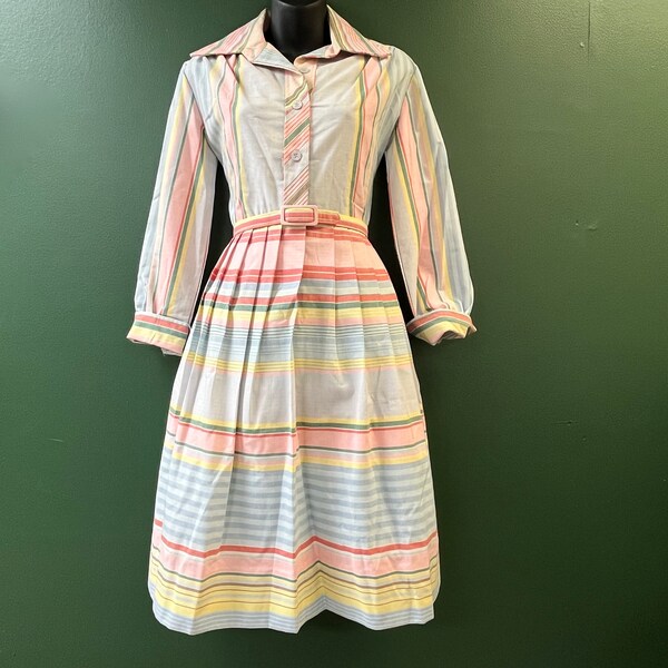 1950s striped day dress rainbow shirtwaist fit and flare frock medium