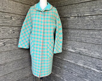 1960s reversible wool coat vintage turquoise plaid / solid winter jacket one size fits most