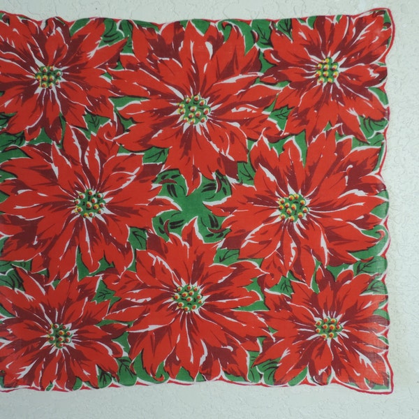 50s christmas handkerchief poinsettia + holly scalloped cotton hanky