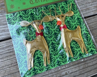 1960s gold deer ornaments vintage Christmas reindeer in package