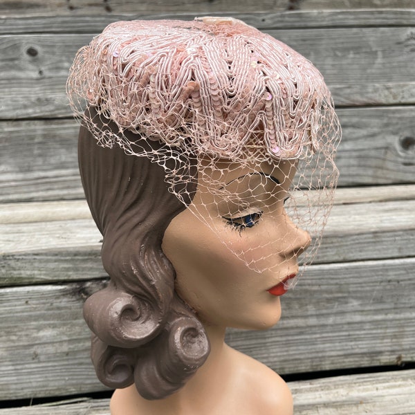 pink netted hat 1950s sequin pillbox cap