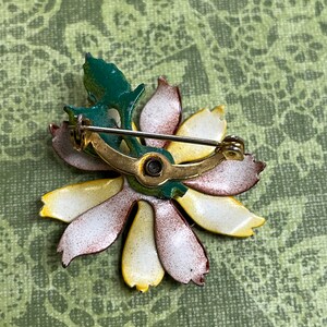 enamel flower brooch 1960s yellow and brown floral pin image 3