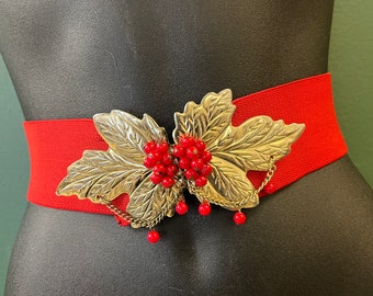 red poinsettia leaf belt 1980s stretch elastic waspie / beaded leaves disco belt medium large