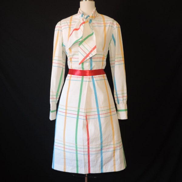 bright plaid ascot dress.  1970's colorful stripe pussy bow secretary. large.