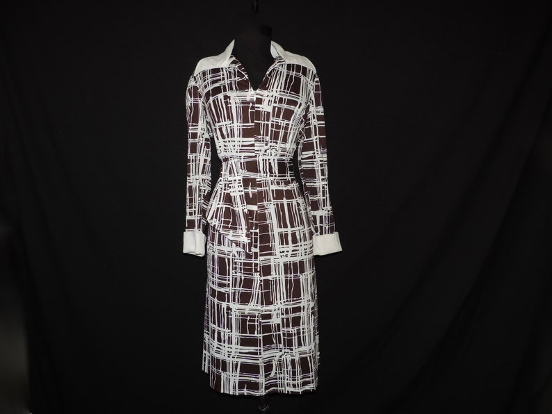1960s graphic dress vintage brown and white abstract shirtdress XL