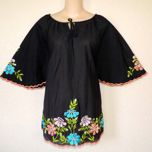 vintage embroidered angel wing tunic. 1970's black / colorful flowers blouse. small / medium / large.