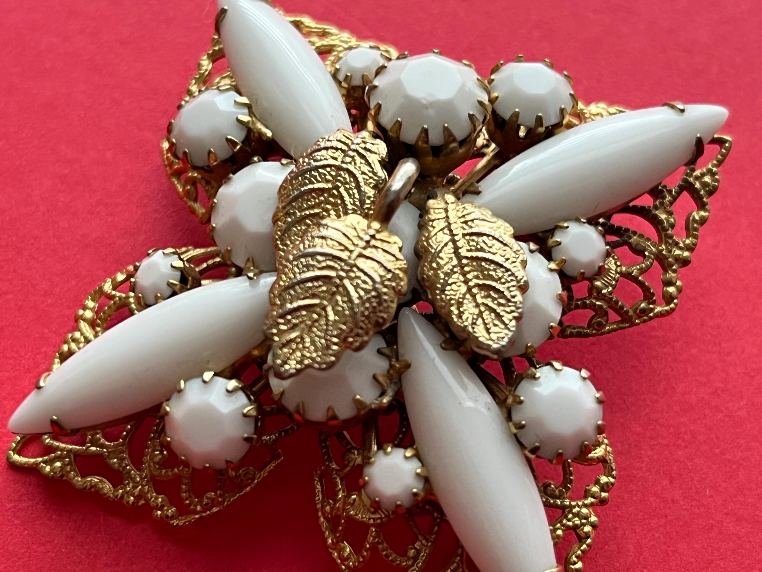 Vintage Milk Glass Brooch 1950s White Cross and Leaves Pin