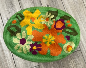 vintage needlepoint foot stool boho flower power pedestal