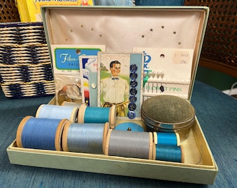 vintage sewing box + notions instant collection blue case vintage thread buttons vignette