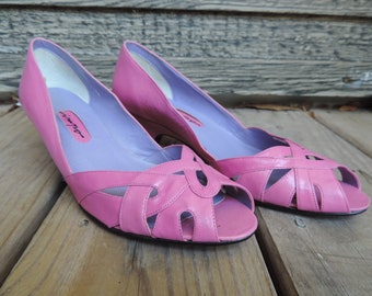 hot pink high heels 1970s leather wedge open front pumps sandals 7.5