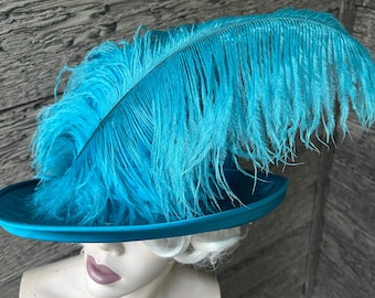 vintage turquoise quilted hat 1960s tall mod feathered cap