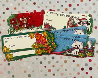 vintage Christmas tags kitsch holiday adorable animals gift tags paper ephemera mixed media collection