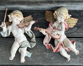 vintage Simonetti cherub pair Depose Italian Fontanini angel wall figures