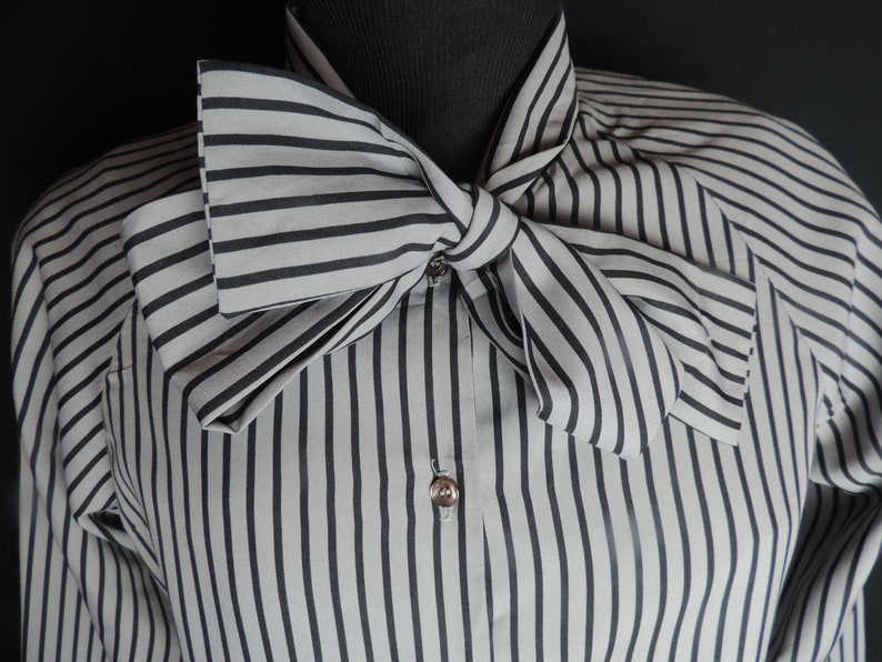 vintage gray striped bow blouse 1970s ascot tie secretary button down medium large