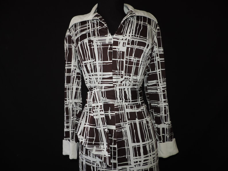 1960s graphic dress vintage brown and white abstract shirtdress XL