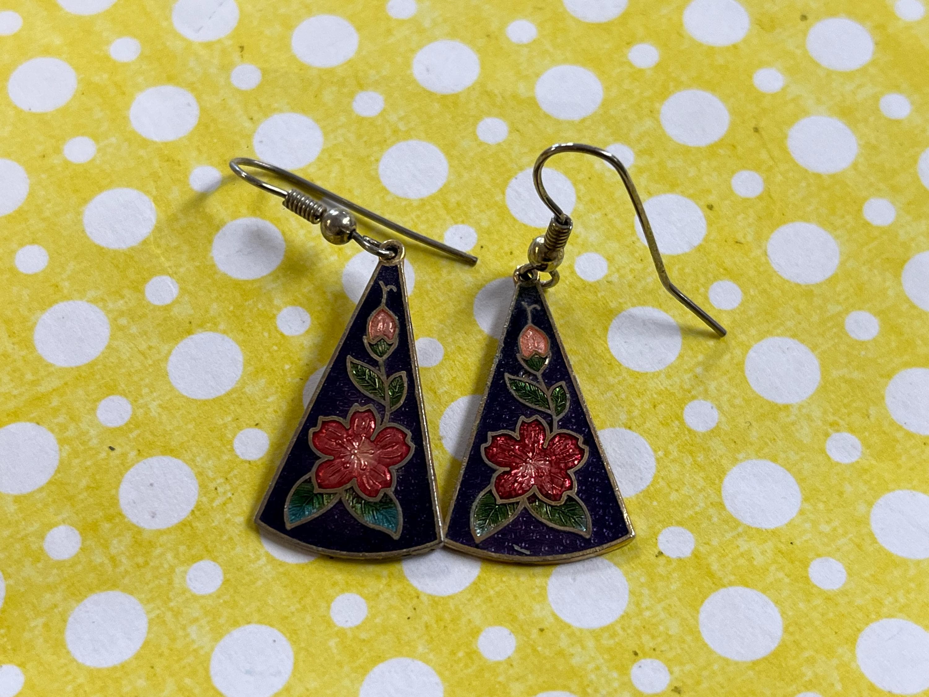 cloisonné flower earrings vintage 70s pierced floral enamel hooks