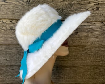 white fuzzy fur hat 1960s statement turquoise ribbon wide brim chapeau