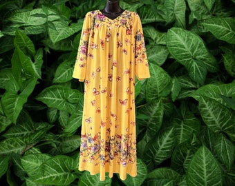 butterfly lounge gown 1970s yellow botanical flower print maxi muumuu dress 1X