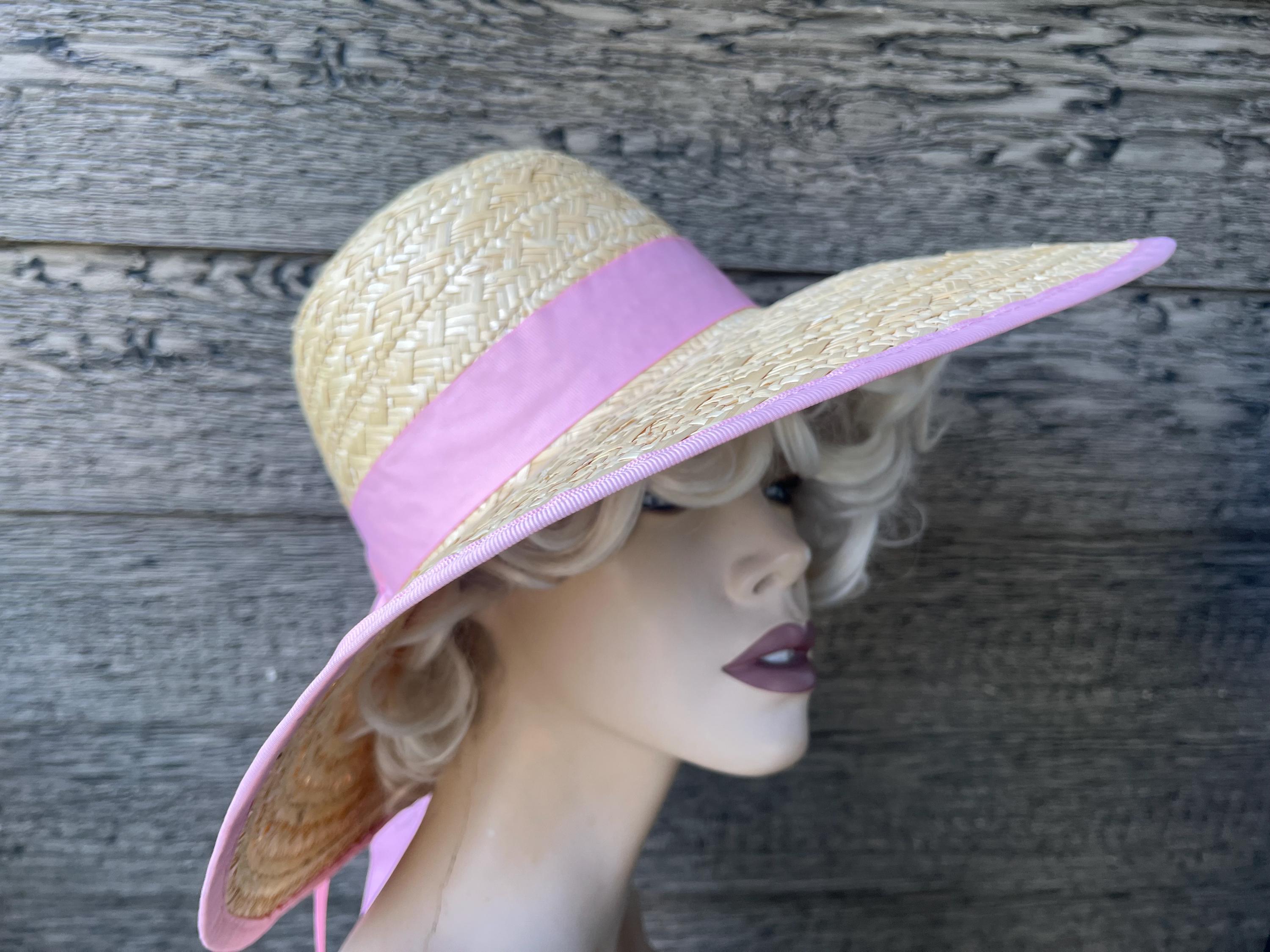 Vintage 1970’s Pink Lavender Wide-Brim Sun Hat Semi-sheer Floppy Made in Taiwan Dark Pink Wide Brim Floppy Sun Hat With Frayed Edges  main image 4