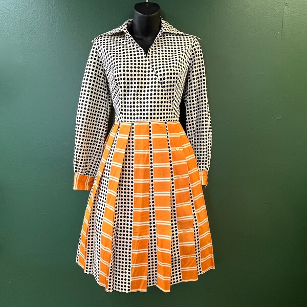 1960s polka dot dress vintage orange stripe fit and flare medium
